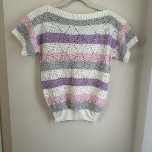 Vintage 70s 80s College Point Pastel Eyelet S/S Knit Stripe Sweater Top‎ Womens